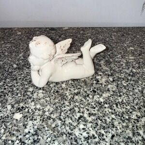 Tumbleweed Pottery Stephanie Daniel Cherub Angel Figurine White Gold Ceramic